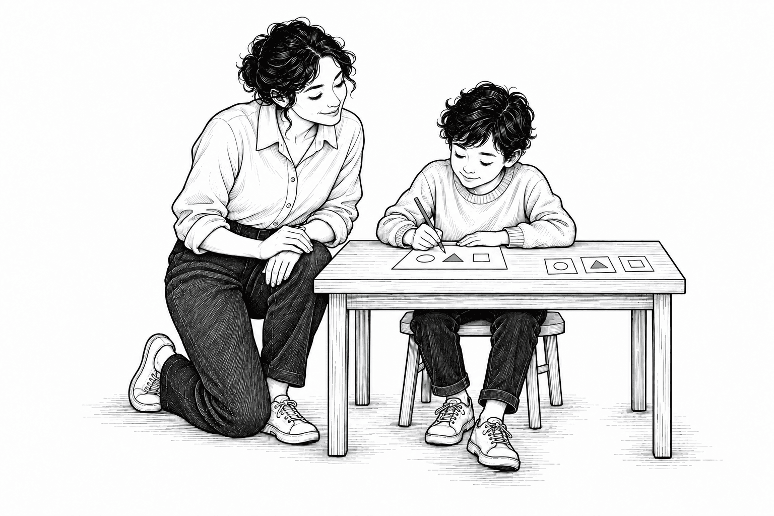 A tutor kneeling beside a child who works through a shape puzzle at a low table, her hands resting as she watches.