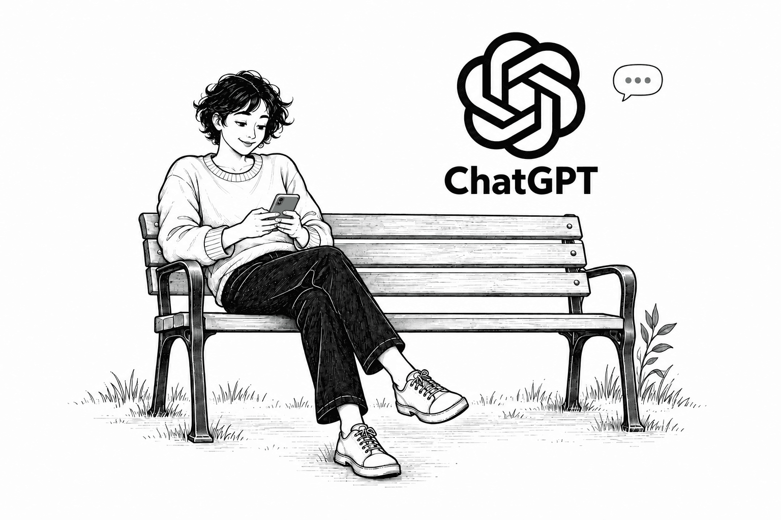 A woman relaxing on a park bench with a phone in both hands, beneath a large illustrated ChatGPT logo and name, and a reply bubble with three jade dots.