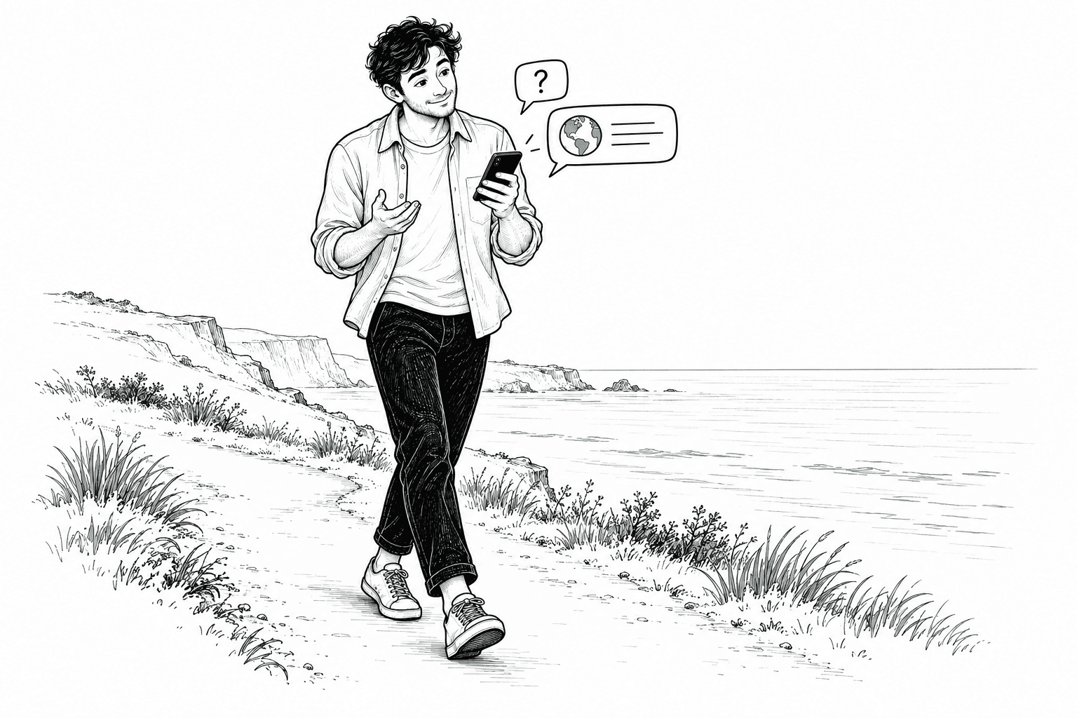 A man walking along a coastal path while asking questions on his phone, with a question bubble and a globe reply above him.