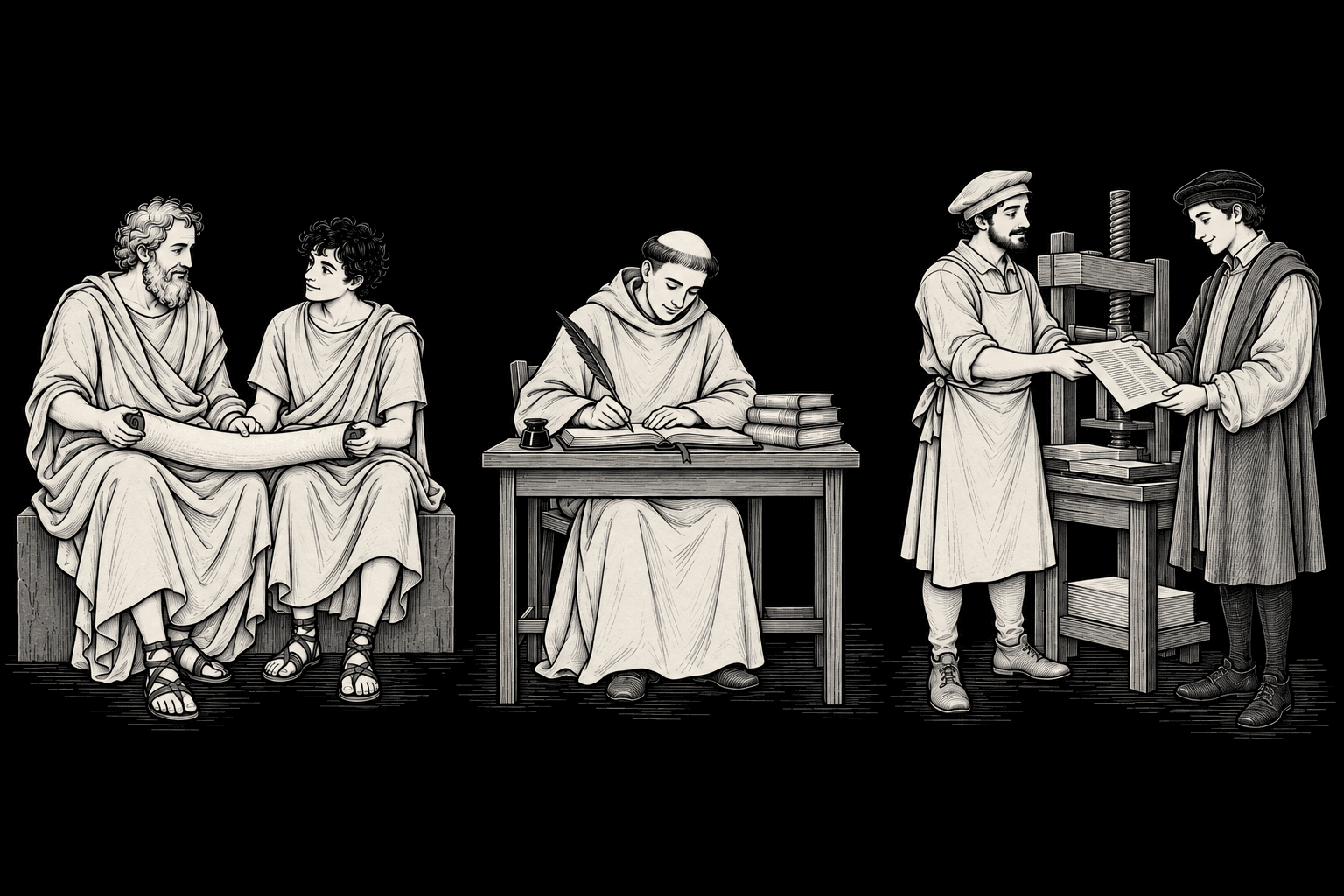 A Greek teacher and student, a monk copying a manuscript, and a printer sharing a fresh page beside a wooden press.