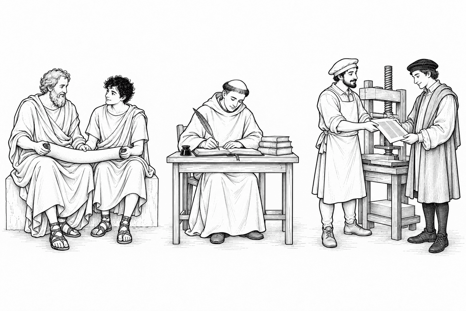 A Greek teacher and student, a monk copying a manuscript, and a printer sharing a fresh page beside a wooden press.