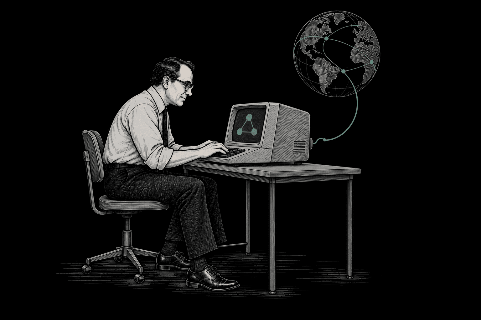A man typing at an early computer terminal, with a jade cable connecting it to a lightly drawn globe.