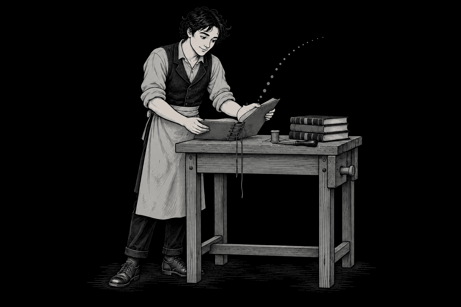 Young Faraday standing at a bookbinding bench, reading an unfinished book as a jade dotted arc rises from its pages.