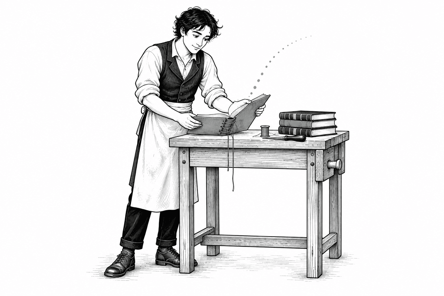 Young Faraday standing at a bookbinding bench, reading an unfinished book as a jade dotted arc rises from its pages.