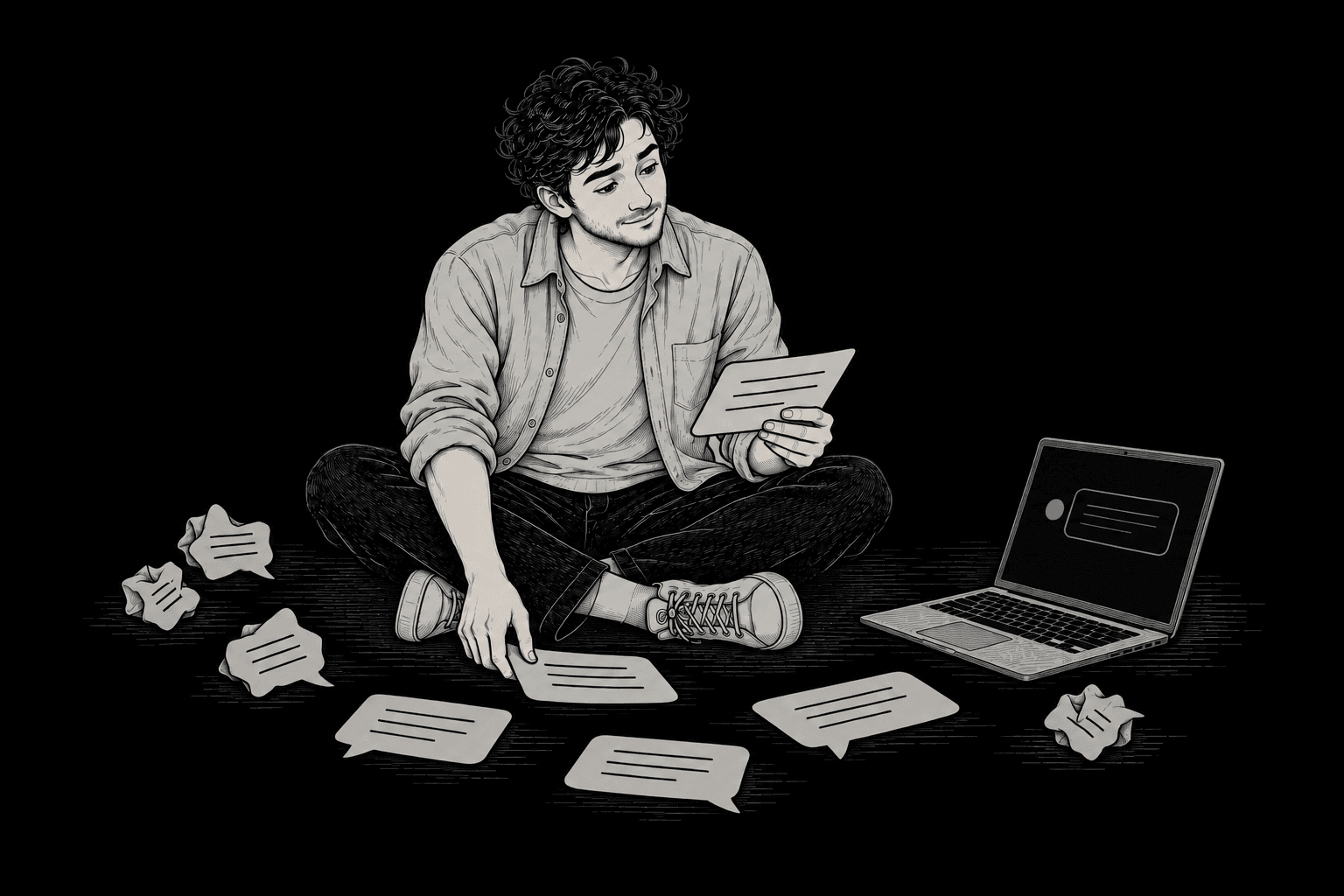 The man from the coastal walk, in his open overshirt, sitting cross-legged and comparing repeated chat answers beside a laptop.