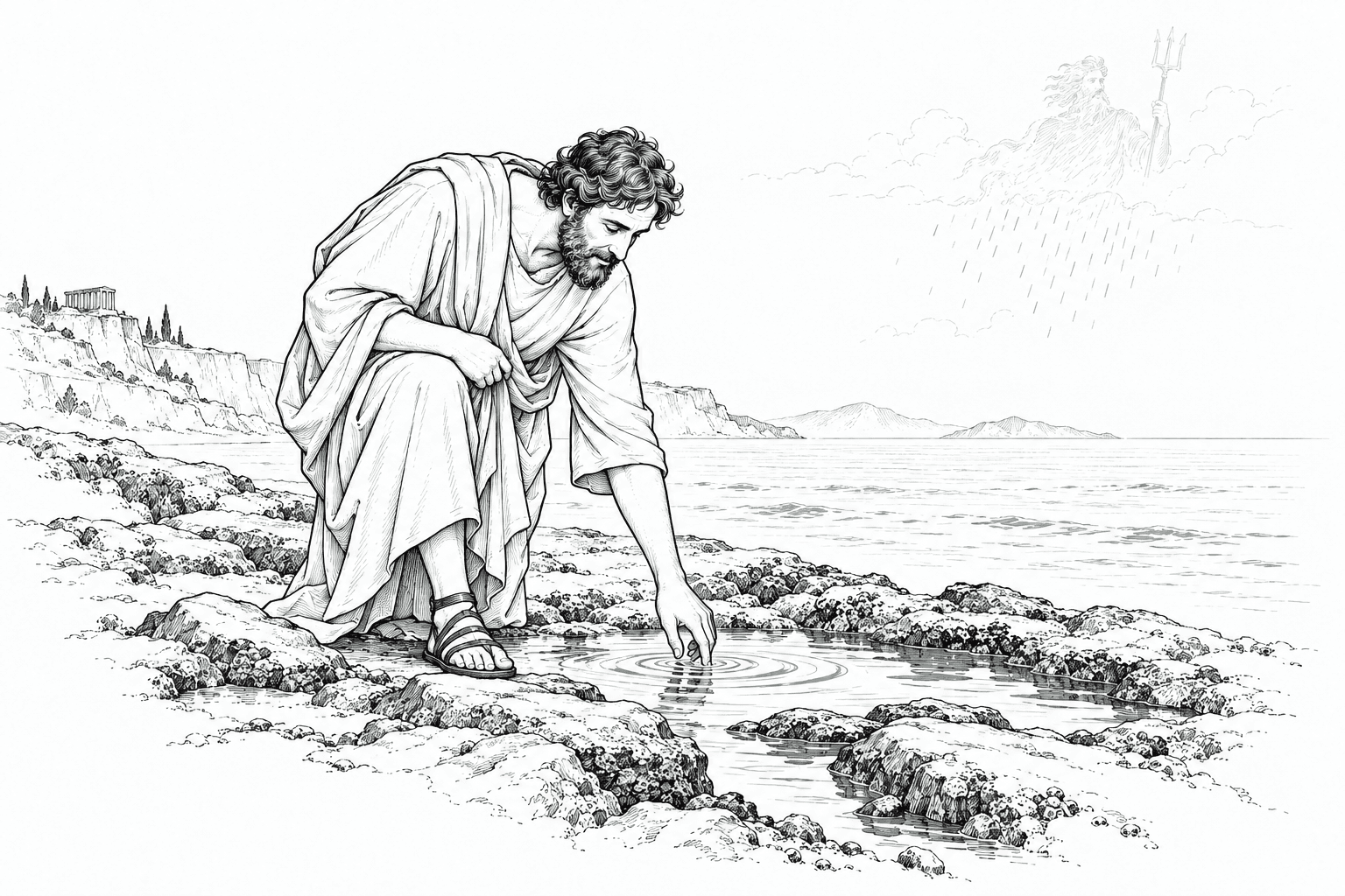 A bearded man studying the sea, while above him a faint, fading Poseidon dissolves into rain.