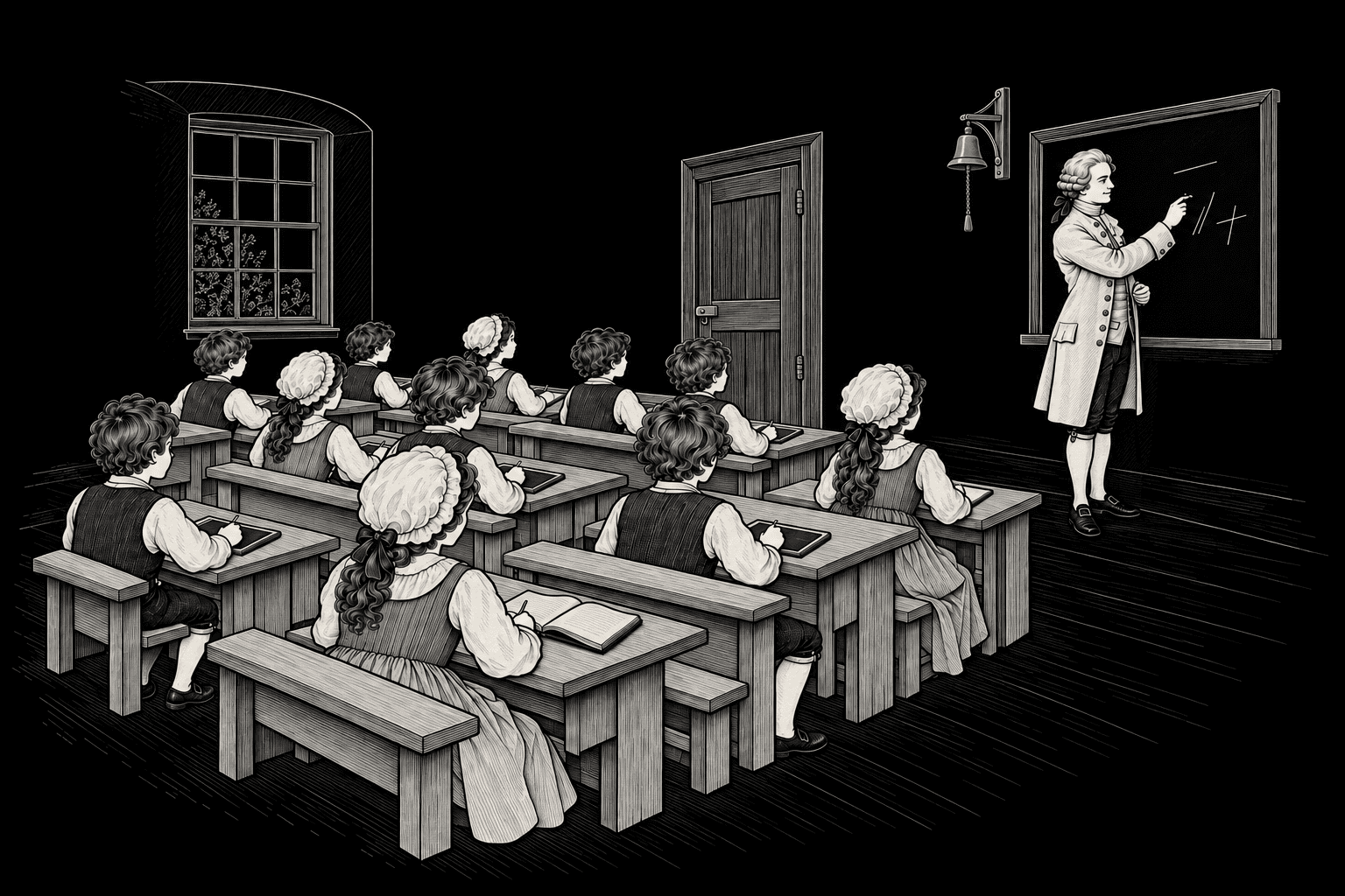 Rows of children on wooden benches facing a teacher at the board, with a small jade bell beside it.