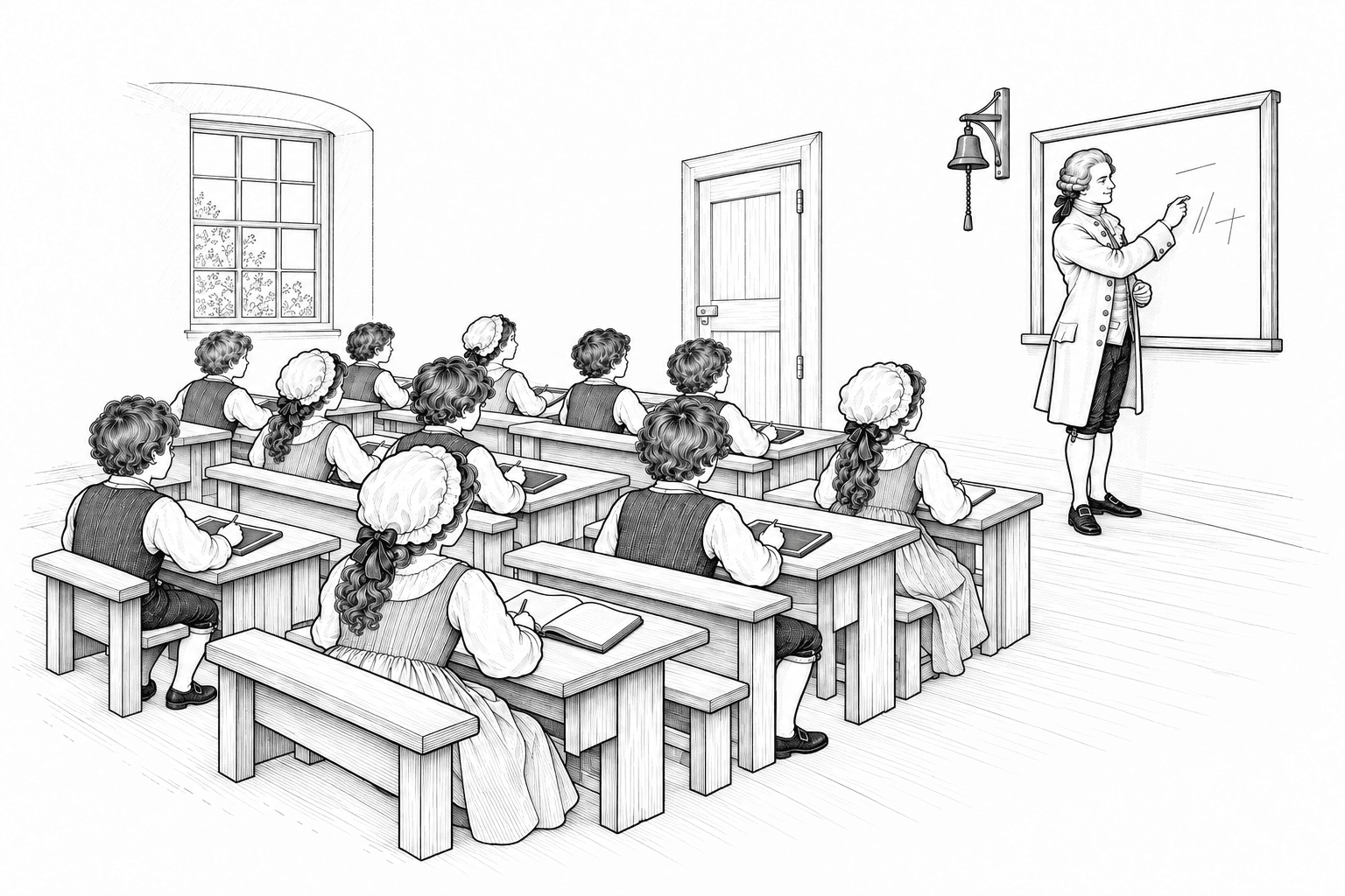 Rows of children on wooden benches facing a teacher at the board, with a small jade bell beside it.