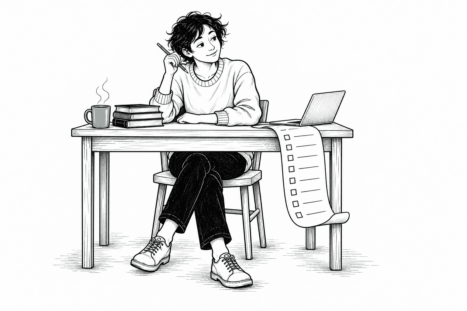 A woman contemplating at a desk with a raised pencil, three books, a jade mug, a small laptop and a short unchecked learning list.