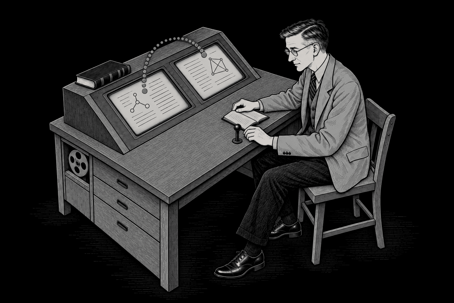 Vannevar Bush seated at a wooden memex desk with two inset reading screens and a lever under his hand, a jade dotted trail linking pages across the screens.