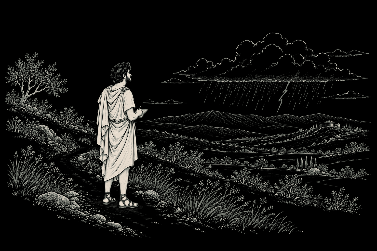 A Milesian philosopher investigating water and weather in the landscape around ancient Miletus, with small jade accents.
