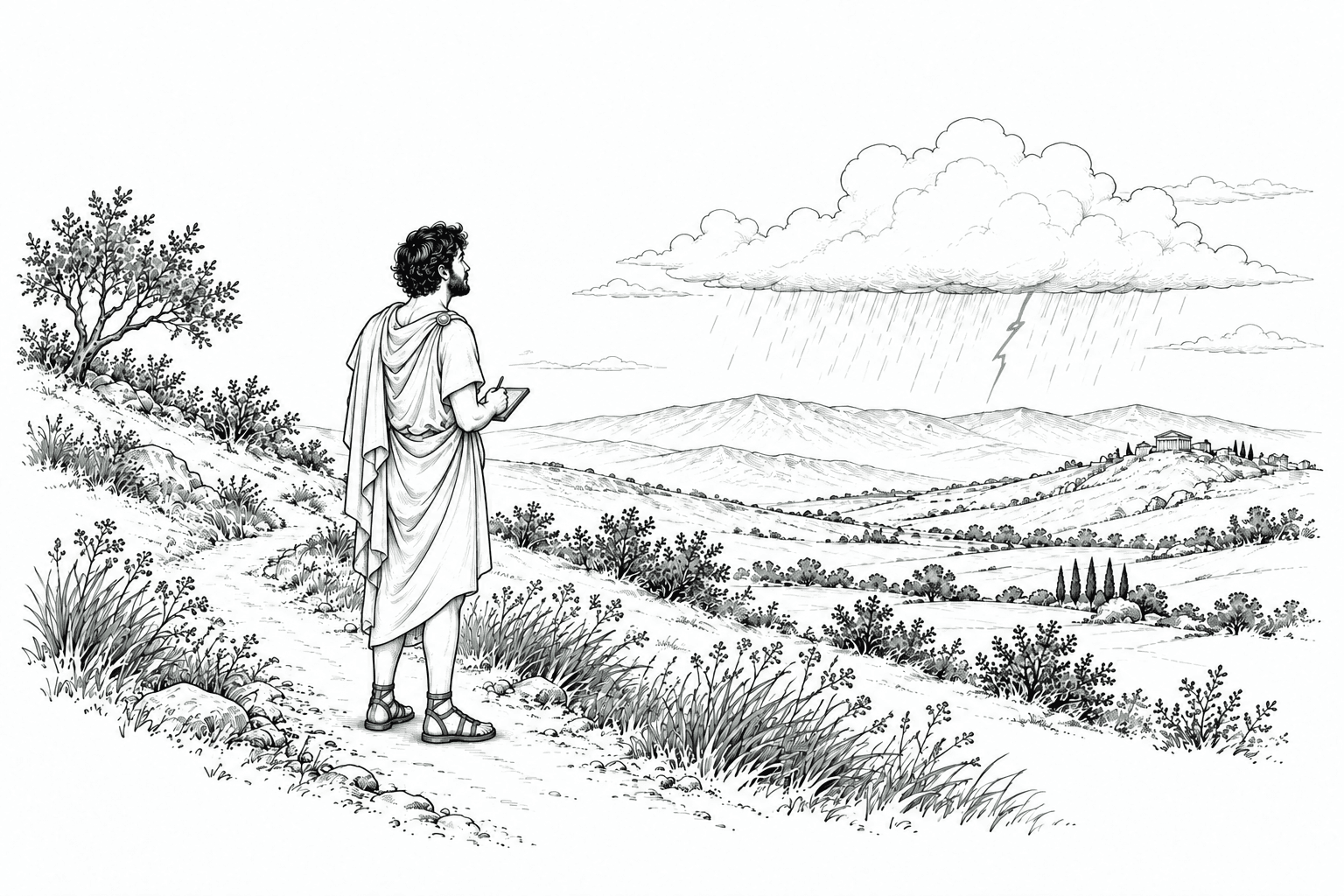 A Milesian philosopher investigating water and weather in the landscape around ancient Miletus, with small jade accents.