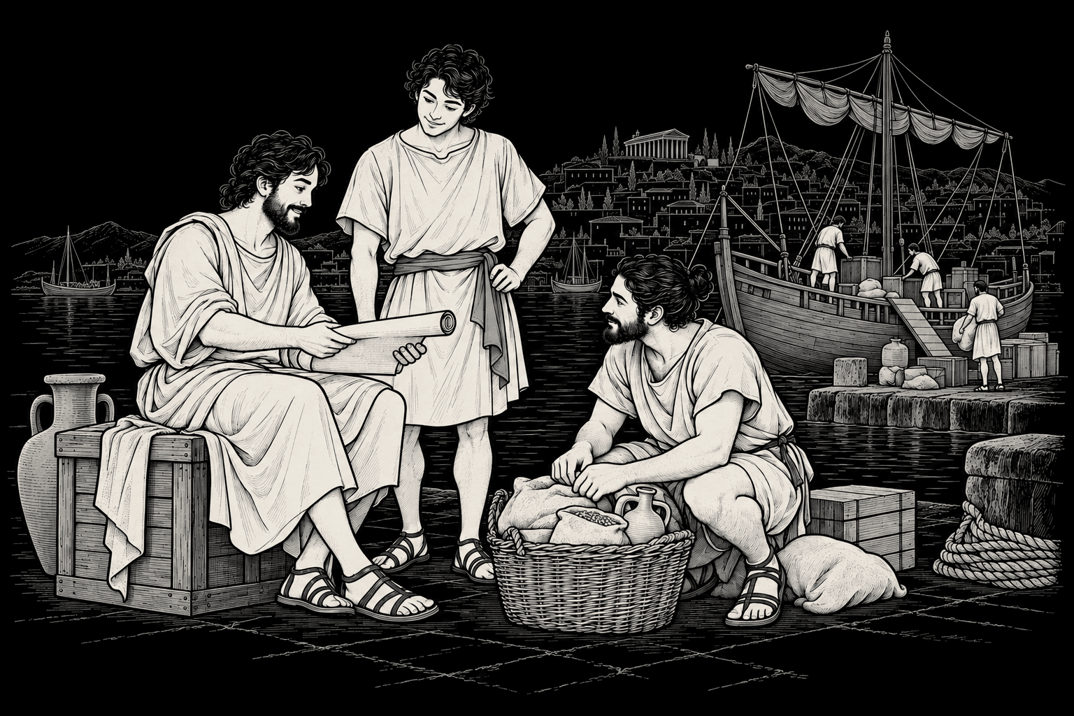 Three people exchanging ideas on a quay in Miletus, with a merchant ship unloading behind them and a small jade accent on a sash.