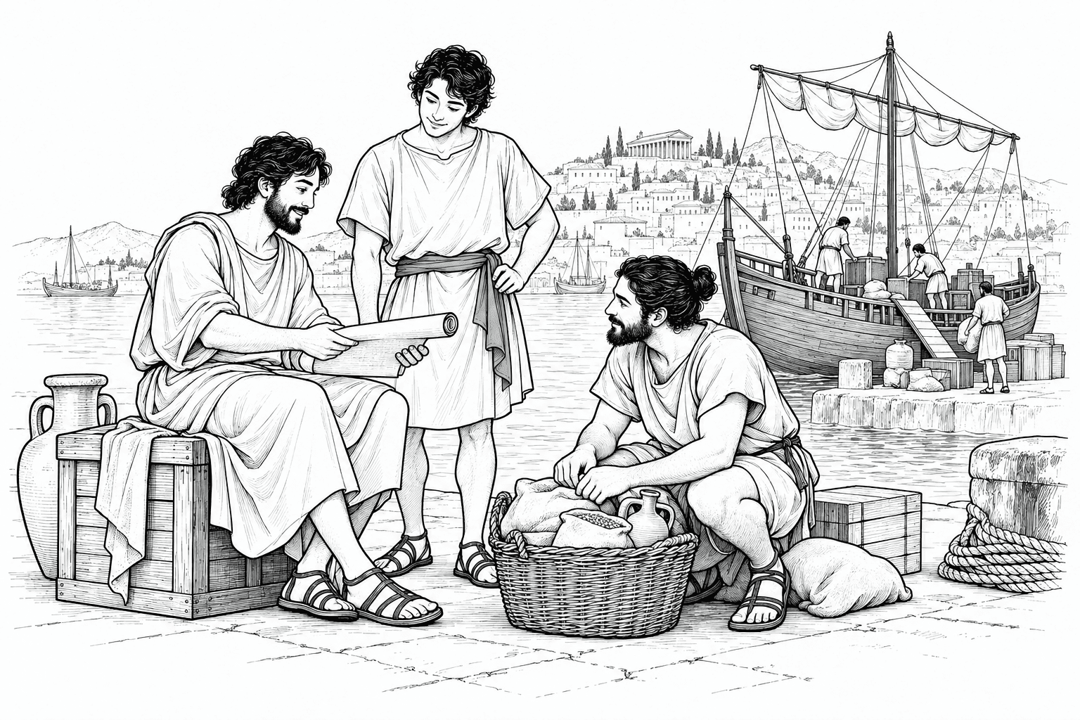 Three people exchanging ideas on a quay in Miletus, with a merchant ship unloading behind them and a small jade accent on a sash.