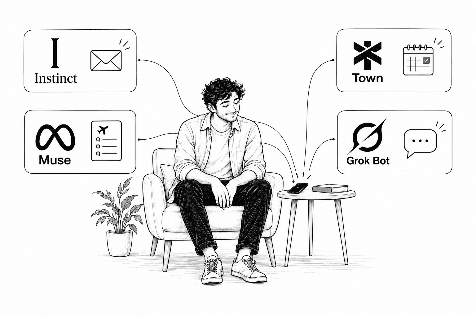 The man surrounded by named Instinct, Town, Muse and Grok Bot panels, with their brand marks and everyday task icons connected to his phone.