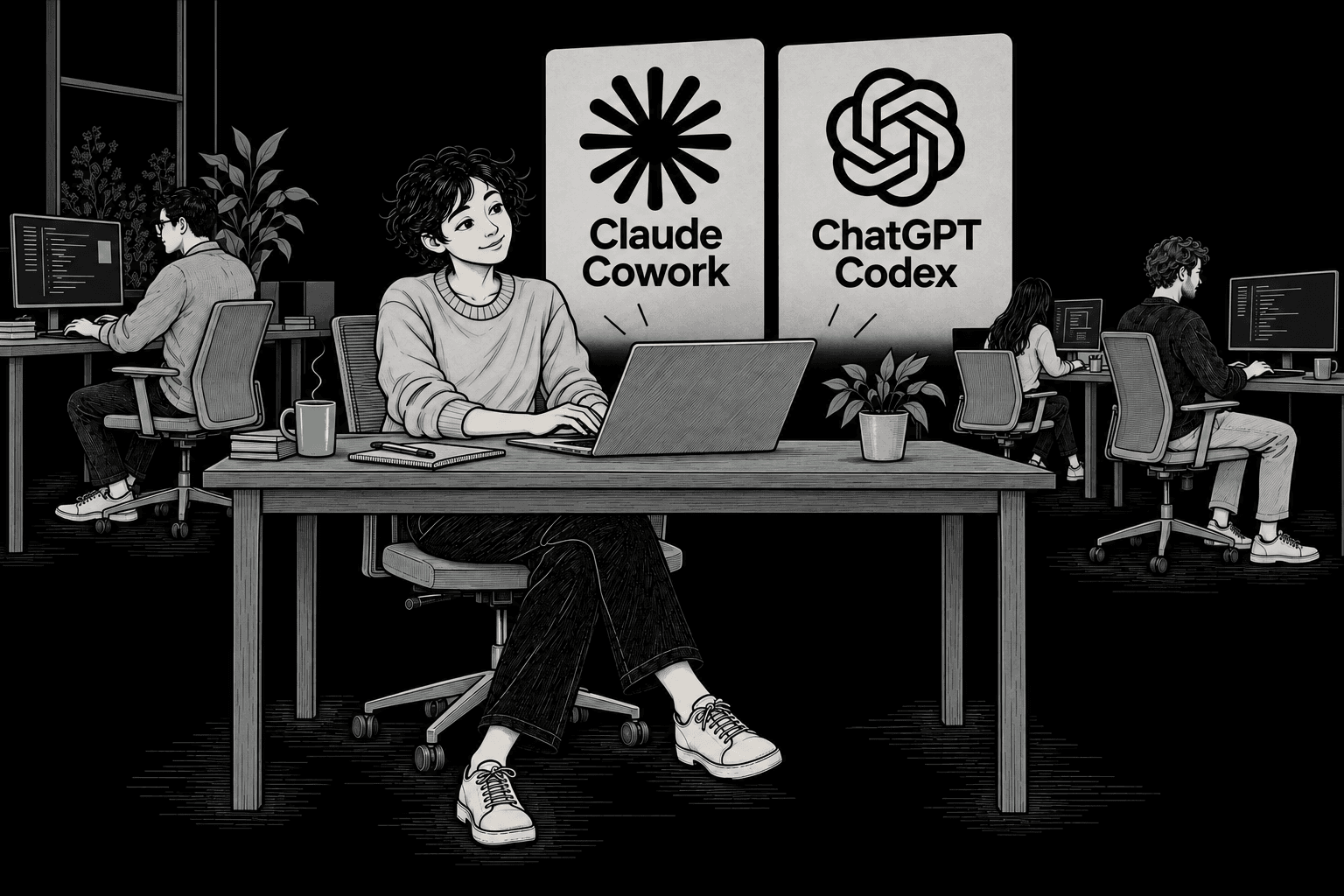 The woman using her laptop in a shared office, with three coworkers at their computers and named Claude Cowork and Codex panels.