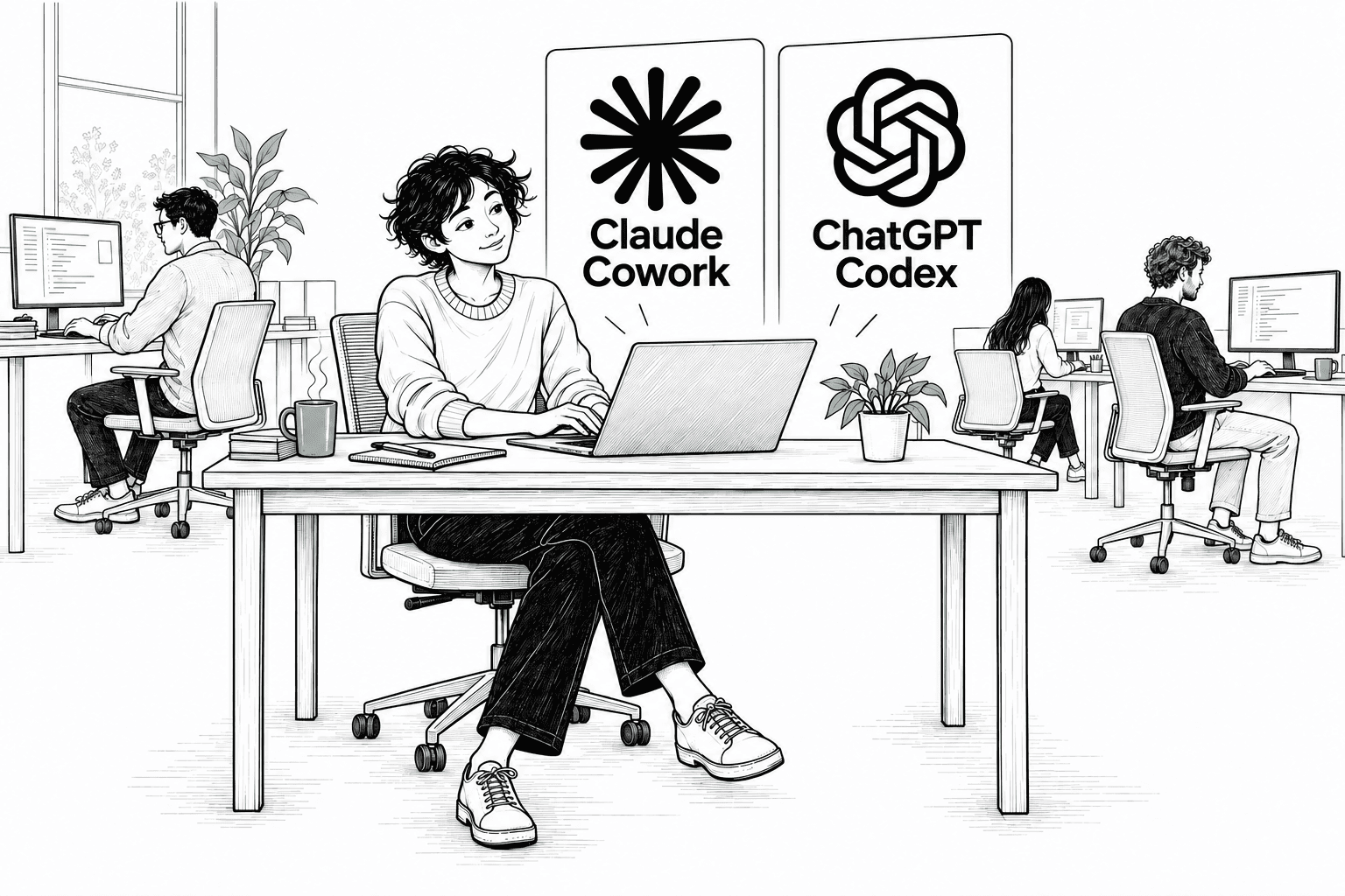 The woman using her laptop in a shared office, with three coworkers at their computers and named Claude Cowork and Codex panels.